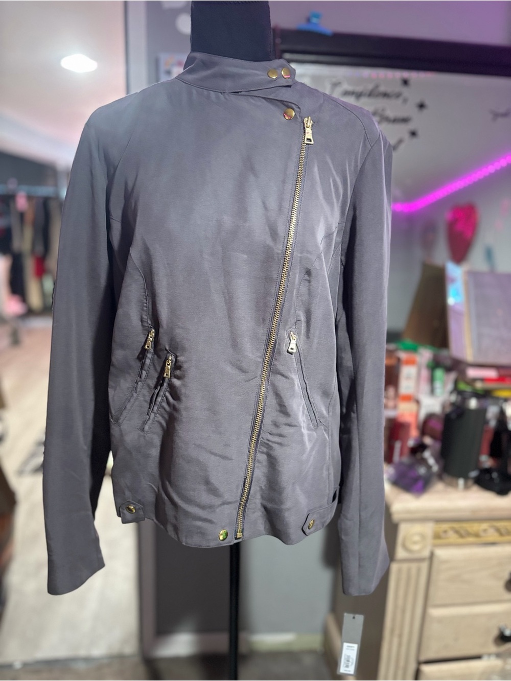 NWT Vintage Moto Jacket- Gray Asymmetrical Zip, Gold Hardwear. Large